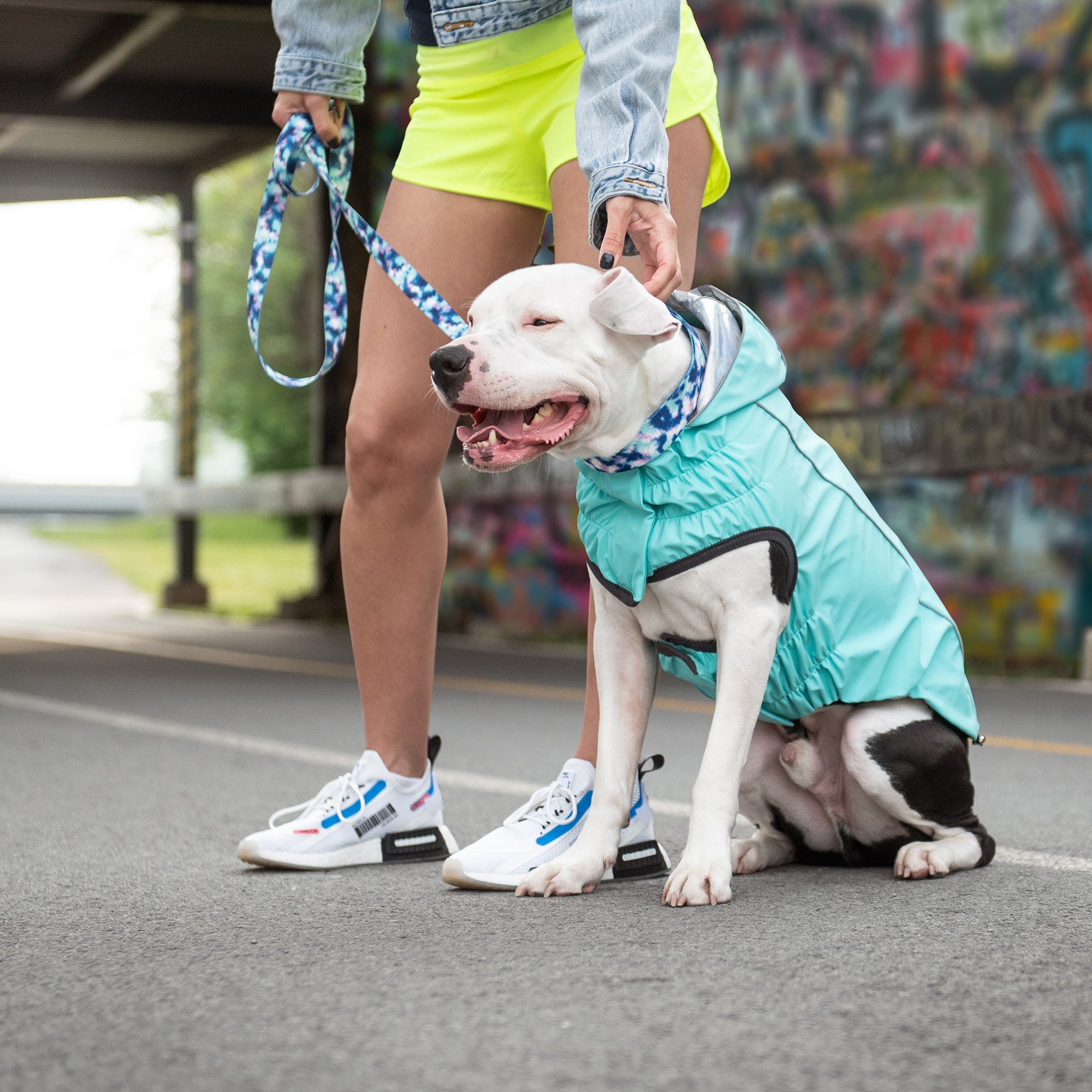 Reversible Raincoat with Hood - Neon Aqua and Iridescent